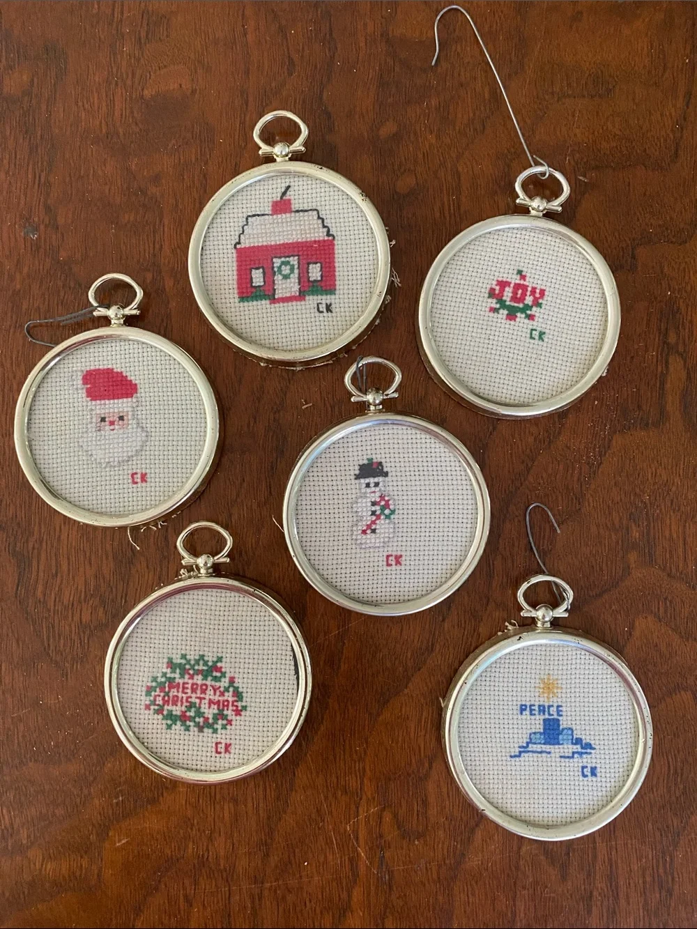 6 Vintage Mini Cross-Stitch Holiday Ornaments assorted Christmas motif designs